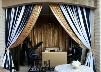 Social Gold Sequina and Black and White stripe satin Seating Cabana Private Home